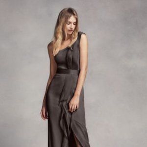 White By Vera Wang Long One Shoulder Dress with Ruffles in Charcoal